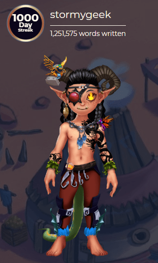 A 4thwords avatar with a 1000 Day Streak medallion over it along with the total of 1,251,575 words written.