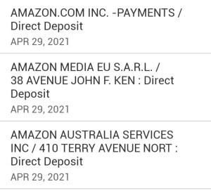 A screencap showing deposits from Amazon.com, Amazon Media EU, and Amazon Australia Services.